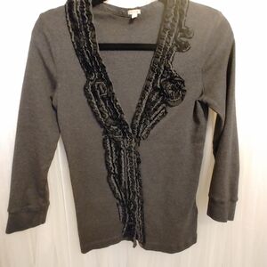 J Crew Black/Gray Ruffled Trimmed Sweater Size Small